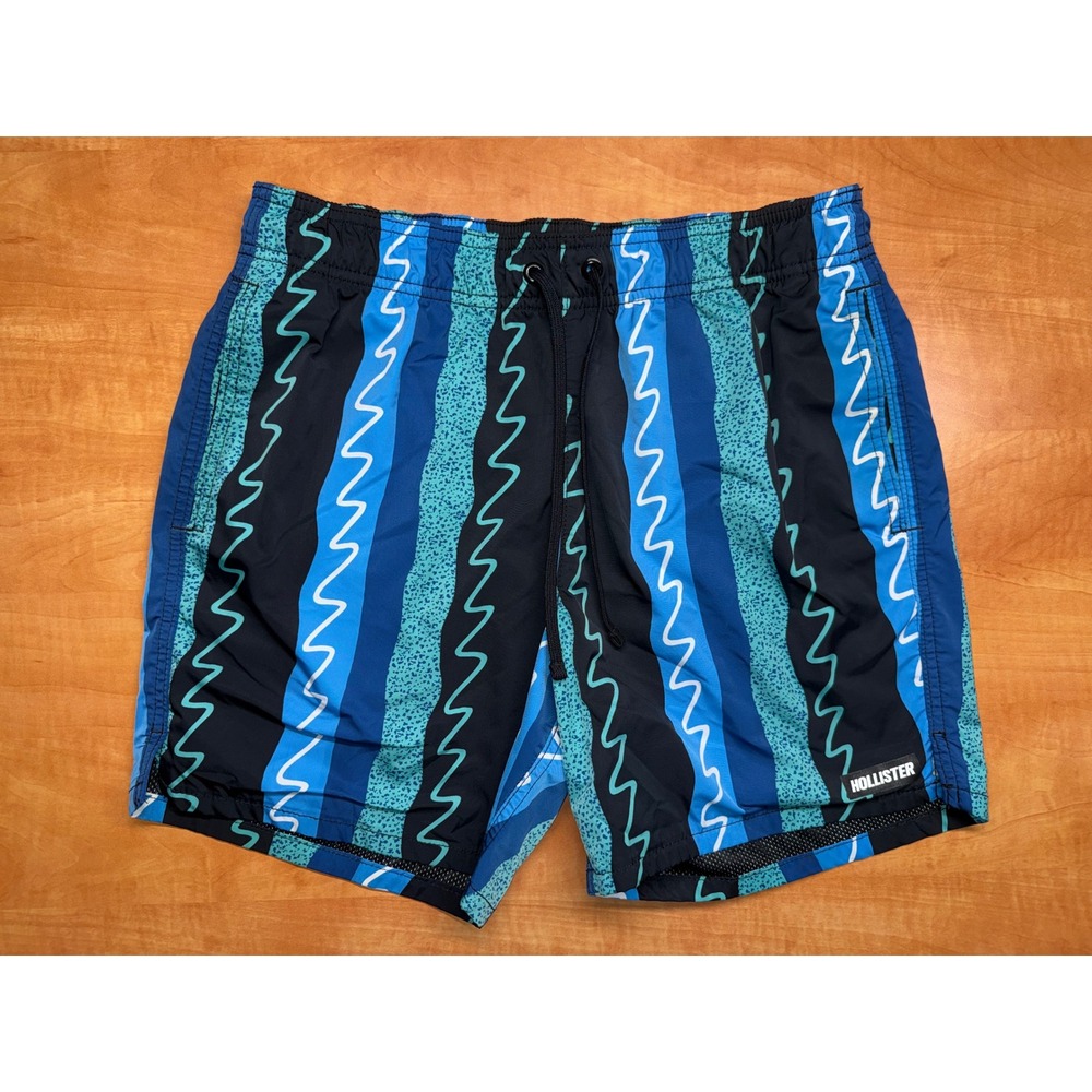 Hollister Mens Swim Trunks Blue Teal Striped Mesh Lined Board Shorts Size M